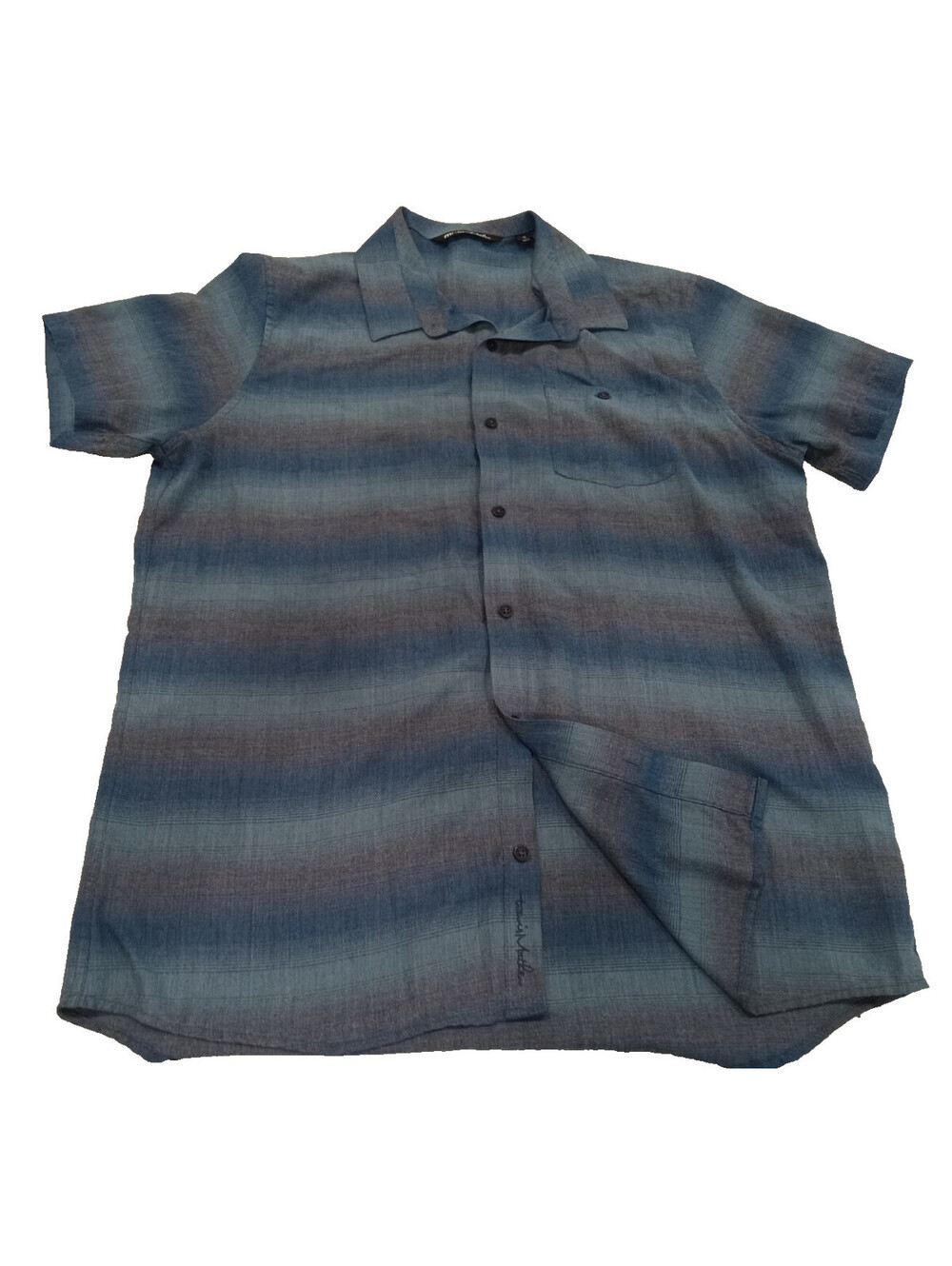 Travis Mathew Neighbors Pool Shirt Mens XL Blue Gray Striped Short Sleeve Button